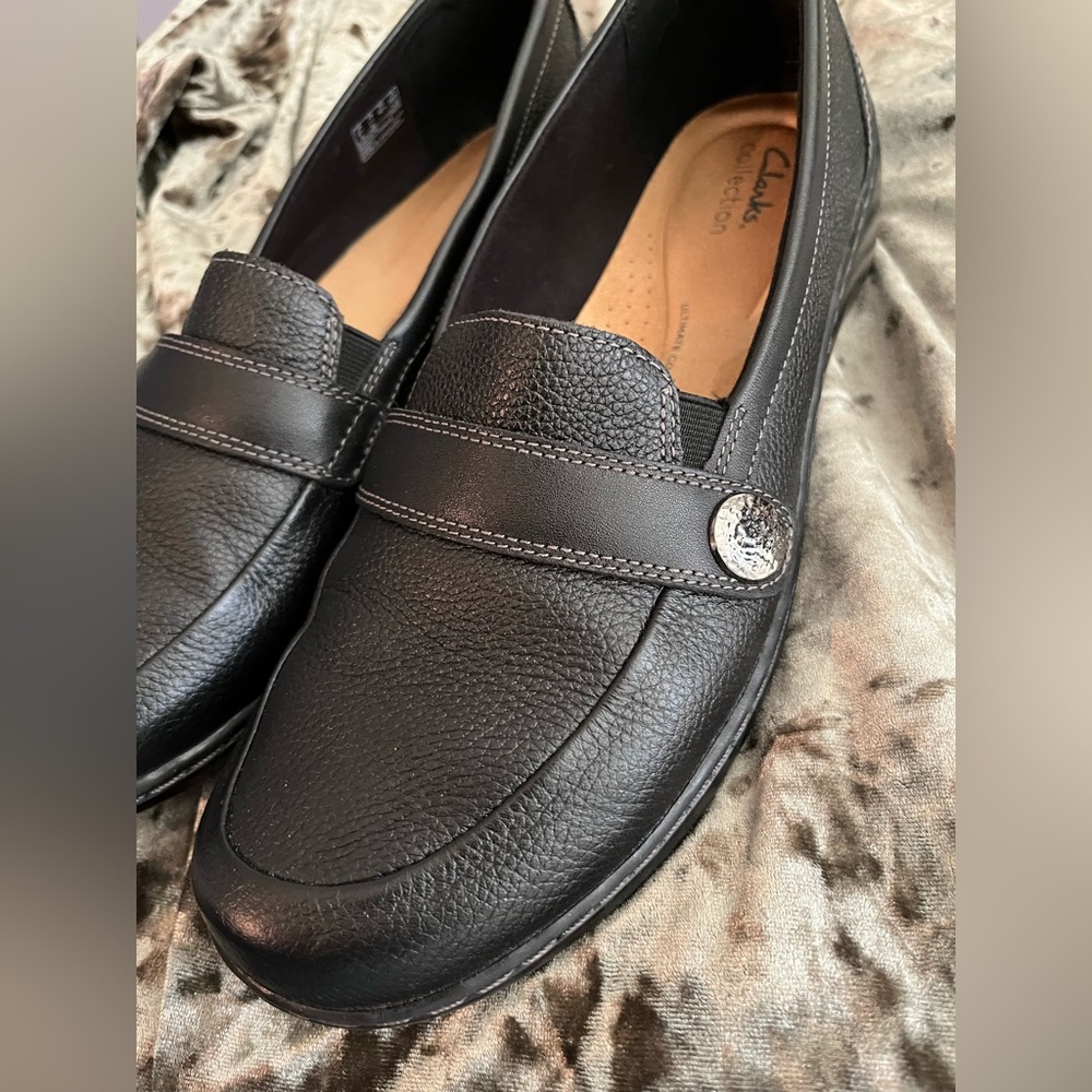 Clarks Black Leather Cora Slip on Loafers